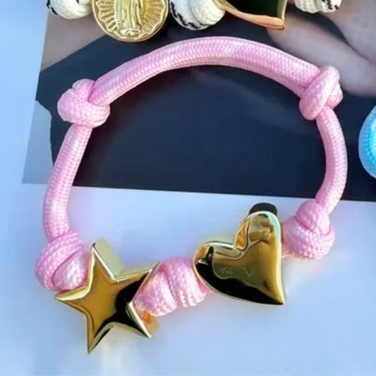 Pulsera Cordón Rosa Dije Corazón y Estrella