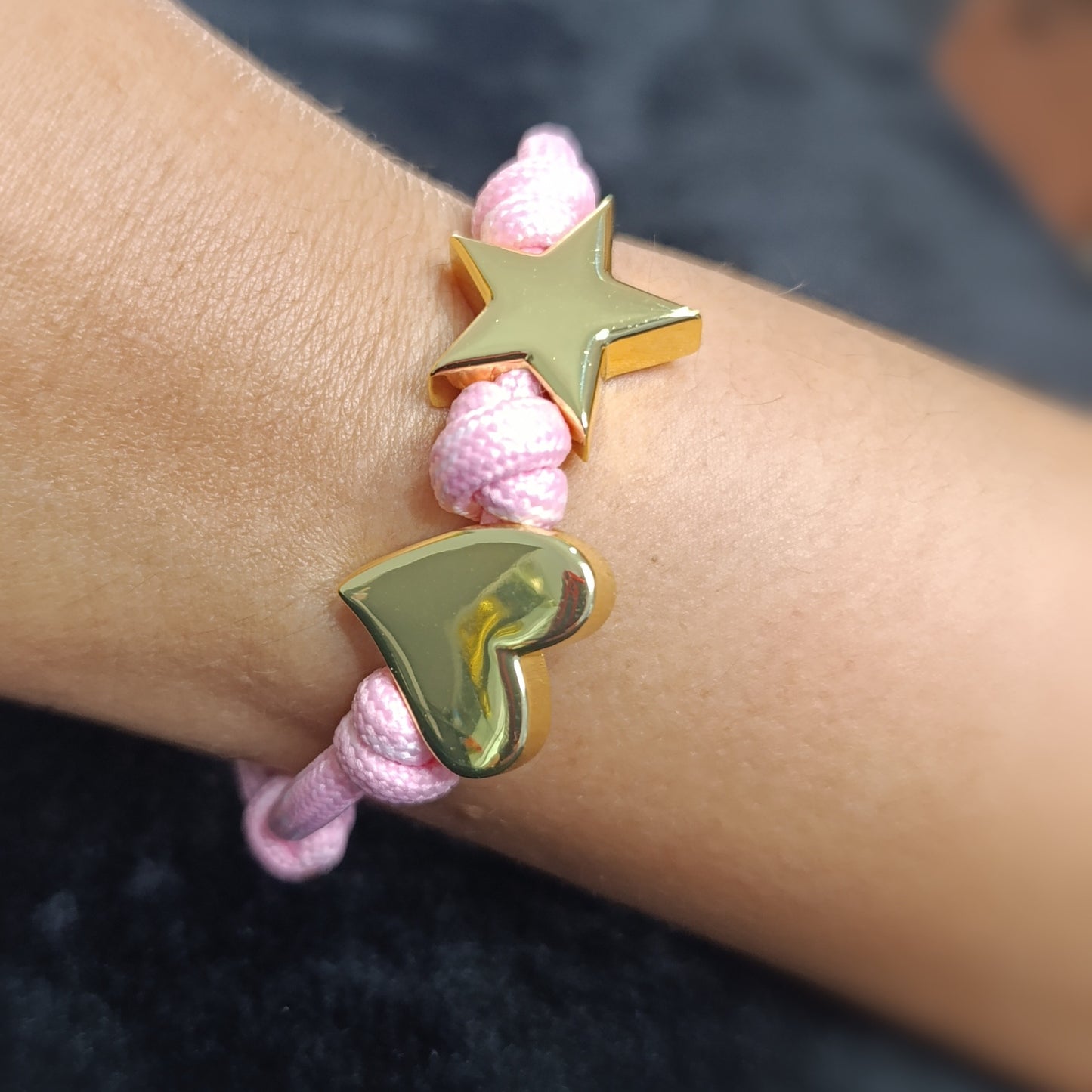 Pulsera Cordón Rosa Dije Corazón y Estrella