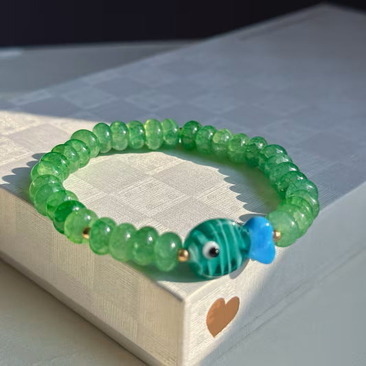Pulsera Cuencas Cristal Verde Dije Pez
