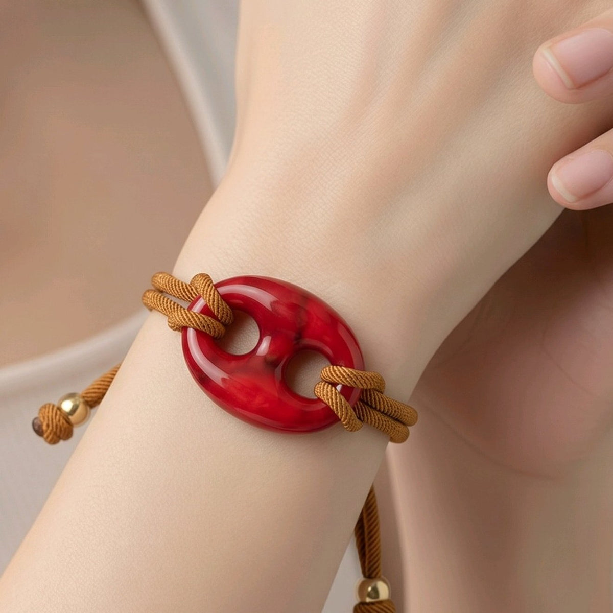 Pulsera Cordón Café y Trompa Cochino Roja