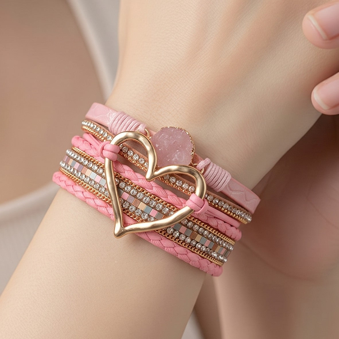 Pulsera Piel Sintética Rosa Corazón