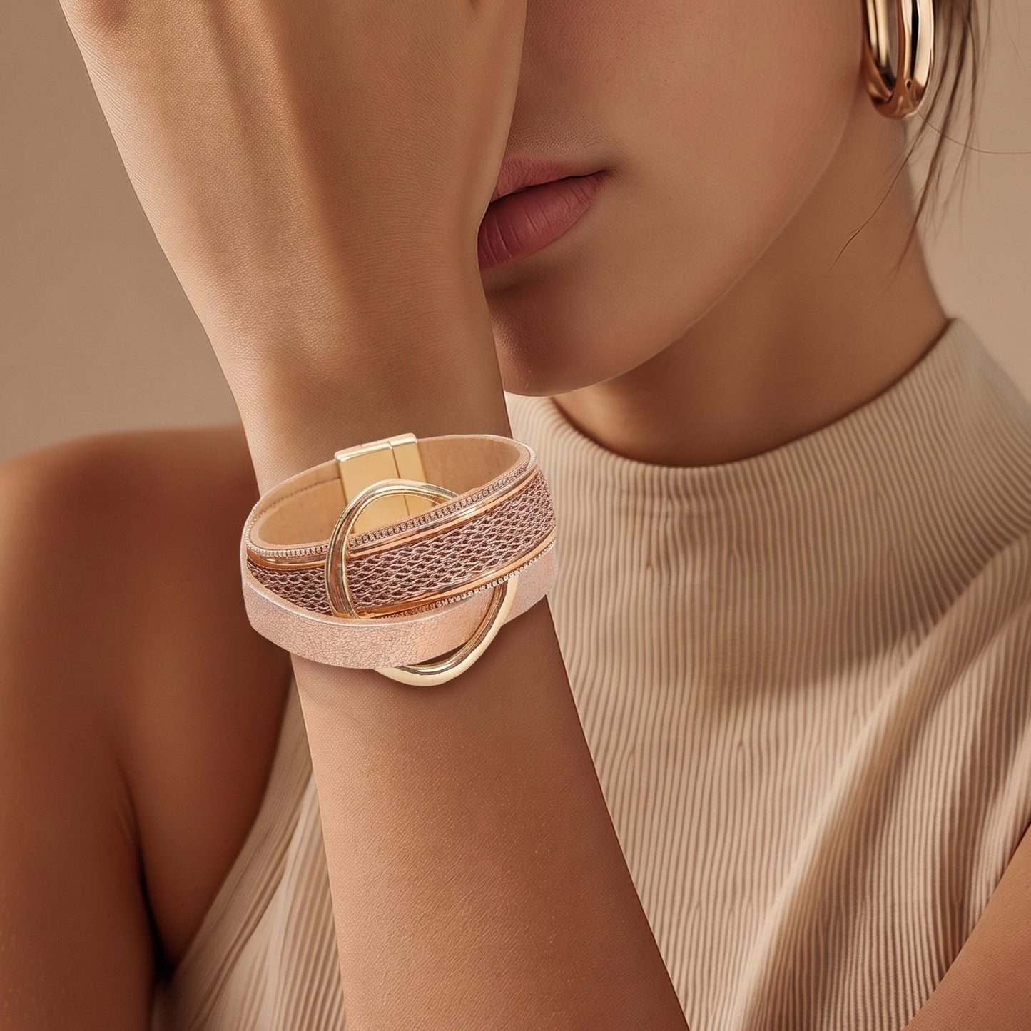 Pulsera Piel Sintética Champán Aro Dorado
