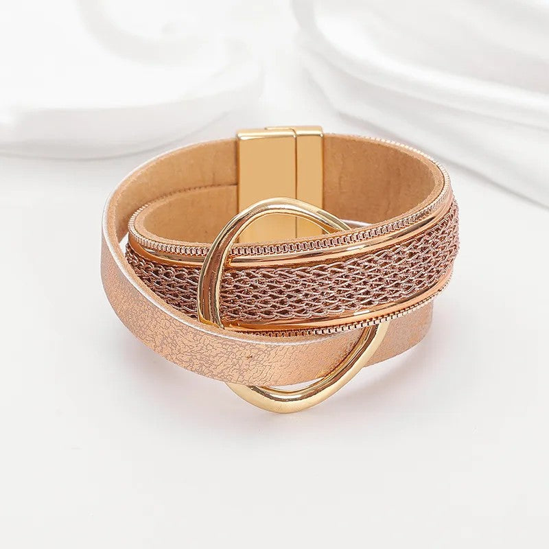 Pulsera Piel Sintética Champán Aro Dorado