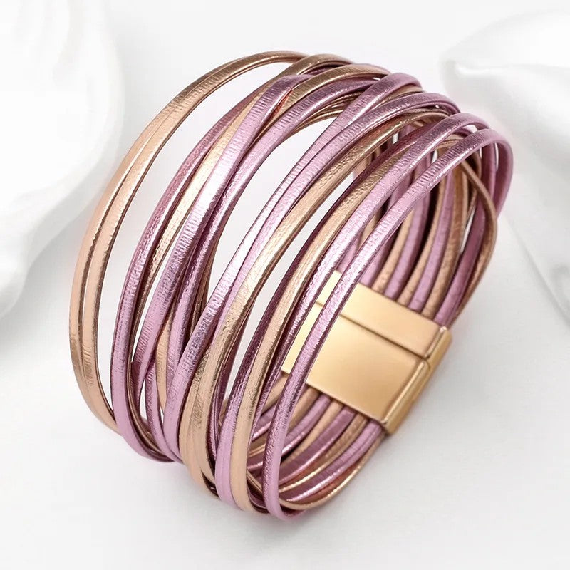 Pulsera Piel Sintética Morado Oro Rosa