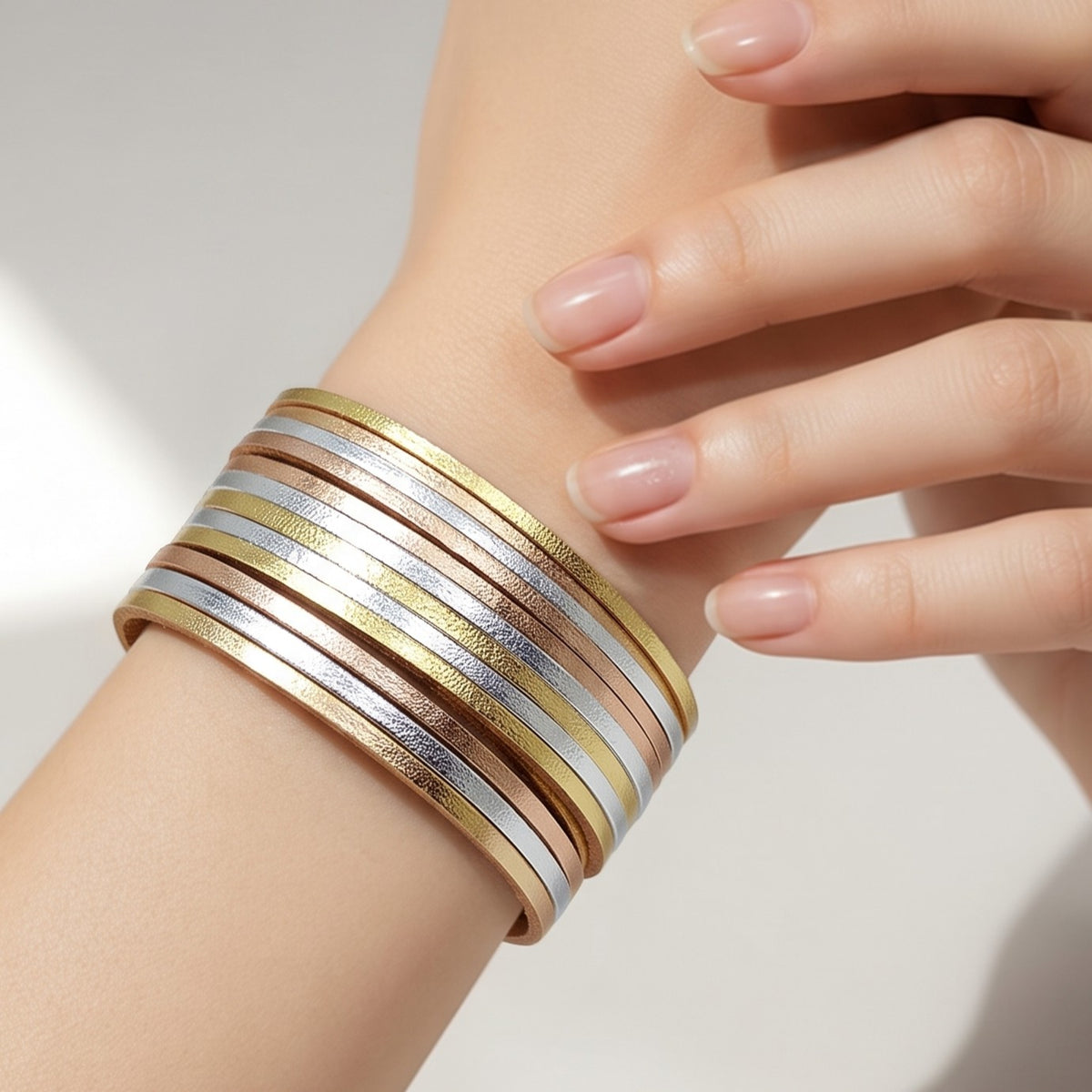 Pulsera Piel Sintética Oro Plata Marrón