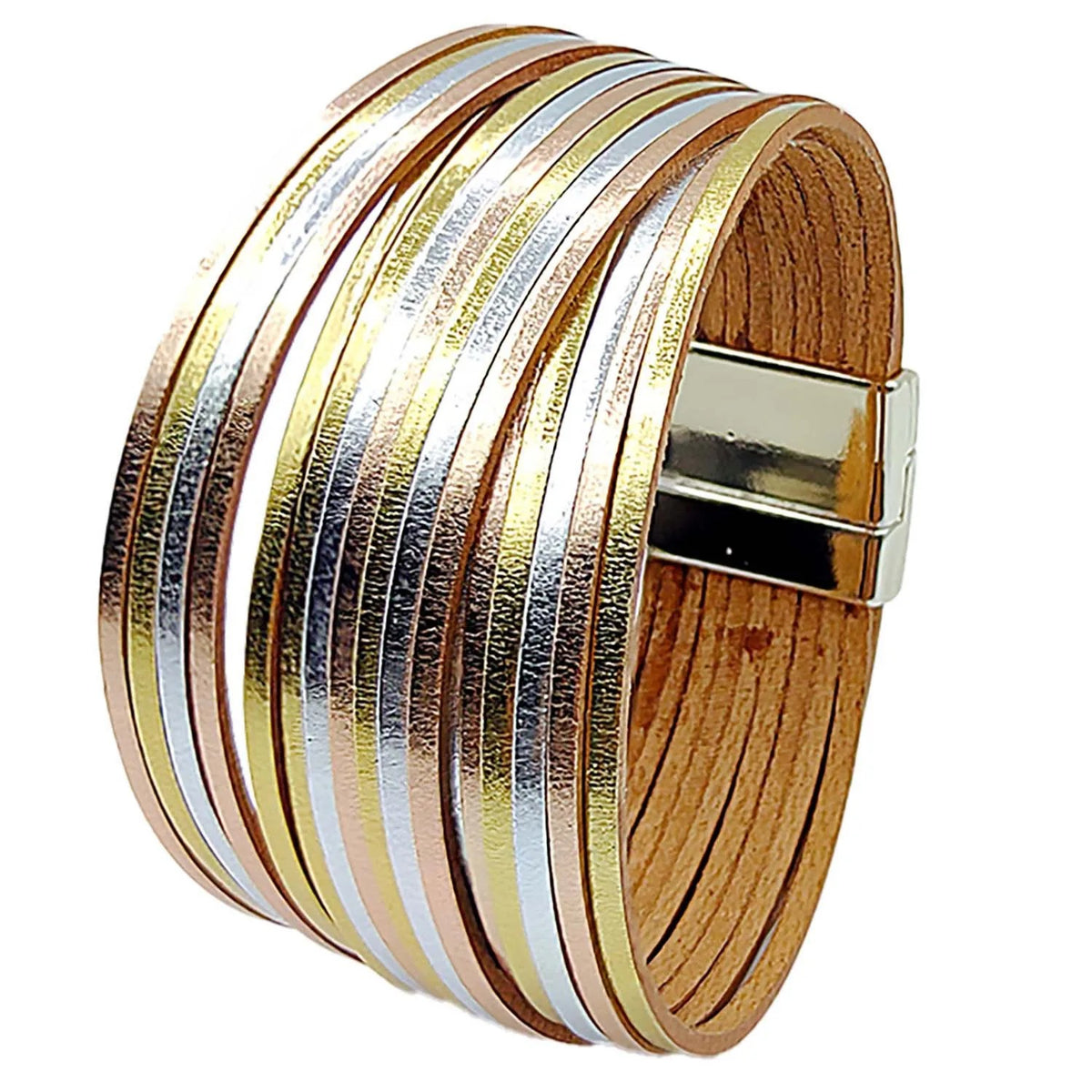 Pulsera Piel Sintética Oro Plata Marrón