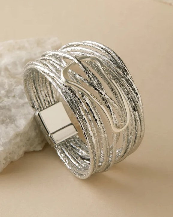 Pulsera Piel Sintética Plateada Aro