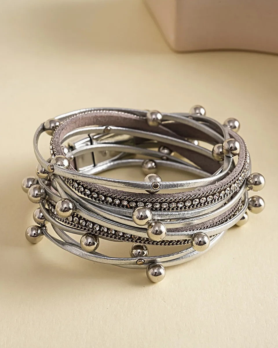Pulsera Piel Sintética Plateada Perlas