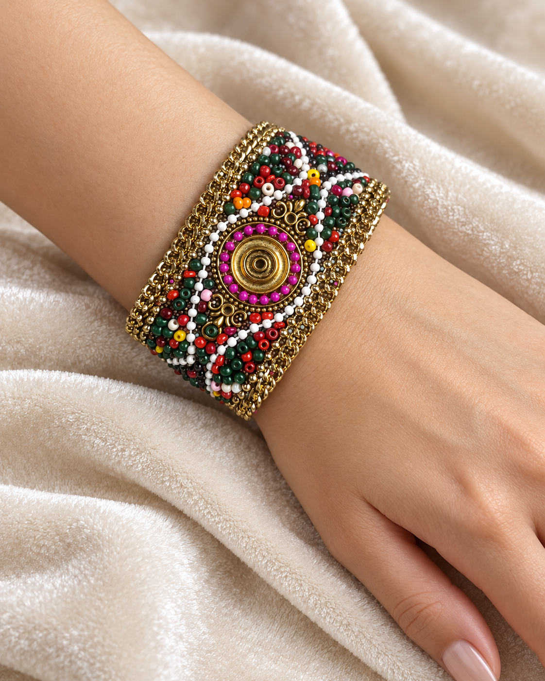 Pulsera Piel Sintética Chaquiras Verdes Rojas