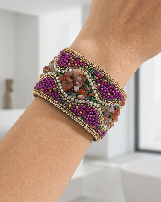 Pulsera Piel Sintética Chaquiras y Piedras Púrpura