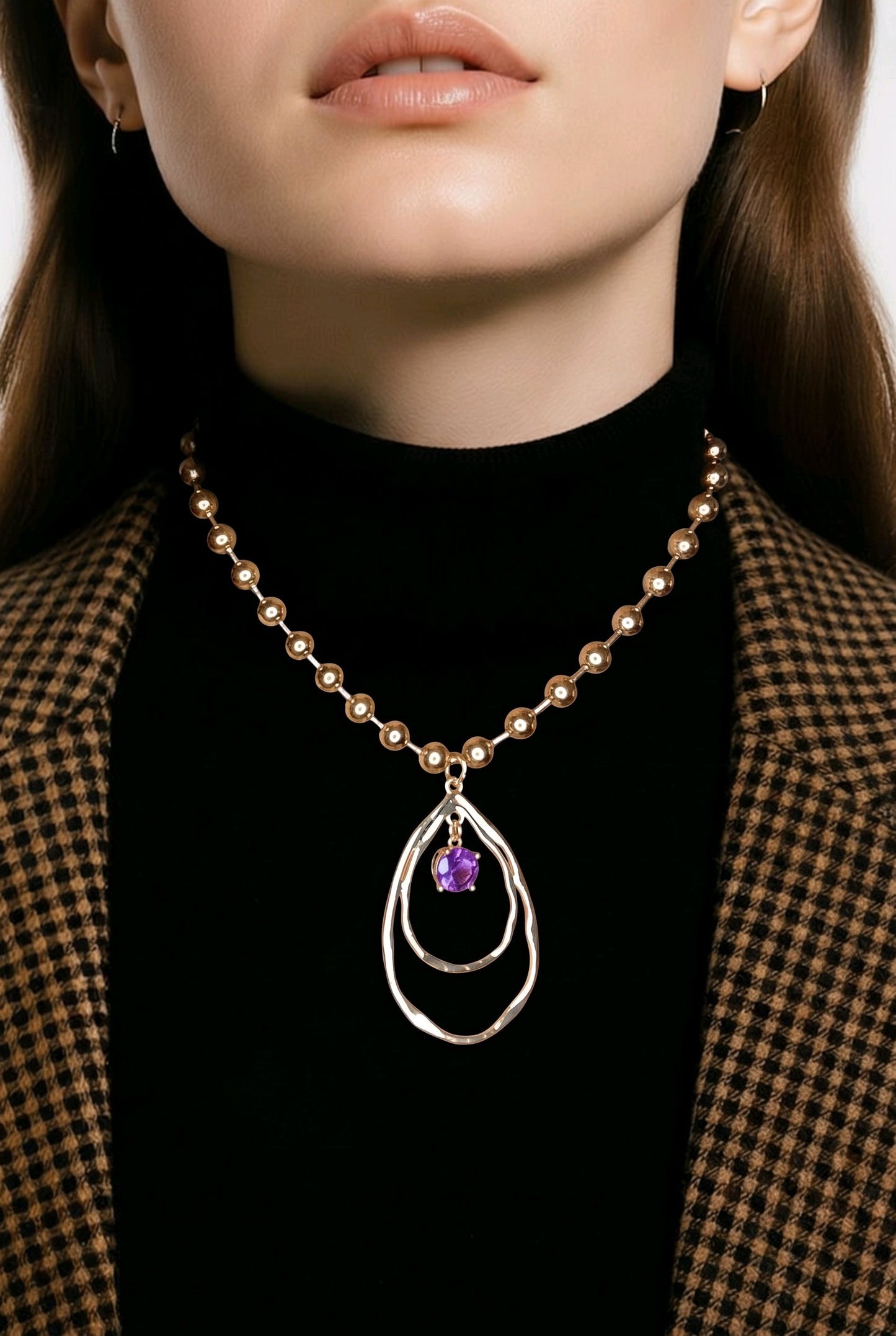 Collar Cadena Dorada Balín 6mm Dije Amatista Morado Obispo